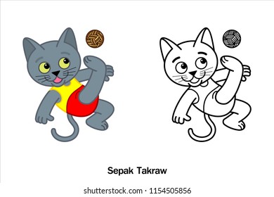 A Cartoon illustration of a Siamese Cat (Korat Cat) in Sepak takraw sport action and Line art Black, Vector on white background
