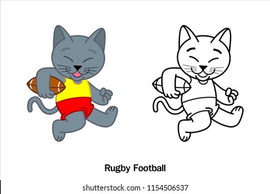 A Cartoon illustration of a Siamese Cat (Korat Cat) in Rugby football sport action and Line art Black, Vector on white background