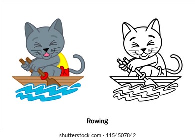 A Cartoon illustration of a Siamese Cat (Korat Cat) in Rowing sport action and Line art Black, Vector on white background