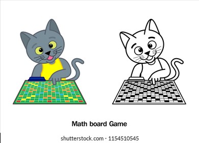A Cartoon illustration of a Siamese Cat (Korat Cat) in Math board game action and Line art Black, Vector on white background