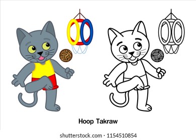 A Cartoon illustration of a Siamese Cat (Korat Cat) in Hoop Takraw sport action and Line art Black, Vector on white background