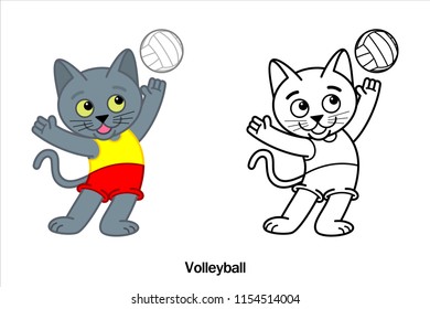 A Cartoon illustration of a Siamese Cat (Korat Cat) in Volleyball sport action and Line art Black, Vector on white background