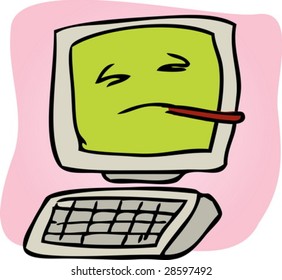 Cartoon-Illustration eines kranken Computers mit Thermometer