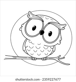 cartoon illustration side view of an owl perched on a large rock under a thick forest tree at noon book or page for kids.  89