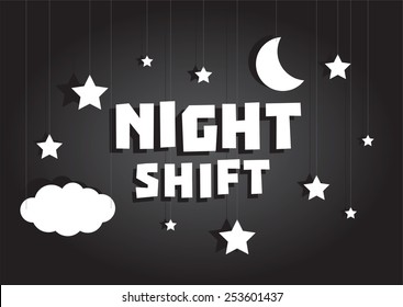 Cartoon illustration sign of Night shift hanging with stars and moon sky