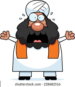 A cartoon illustration of a Sikh looking scared.