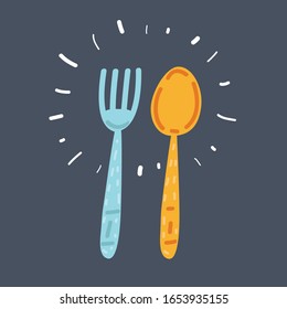 Cartoon illustration of silver fork and spoon on dark background.