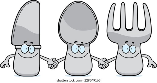 A cartoon illustration of silverware holding hands and smiling.
