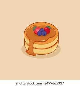 cartoon illustration of simple pancakes with strawberry and blueberry topping