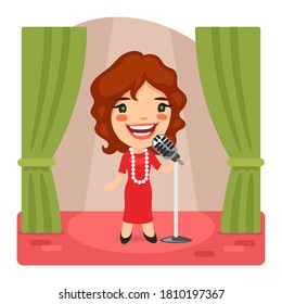 Cartoon illustration of a singer lady on stage. Composition with a professional woman. Flat female character.
