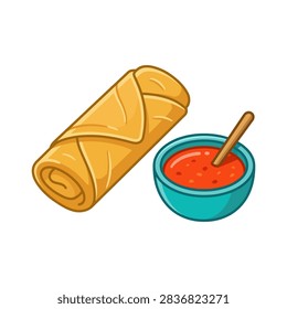 A cartoon illustration of a single crispy fried spring roll positioned next to a small teal bowl filled with red dipping sauce and a wooden stirrer