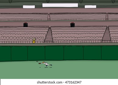 Cartoon illustration of single female spectator waving hand as baseball player chases ball in outfield