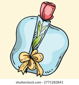 A cartoon illustration of a single red rose wrapped in light blue paper with a yellow ribbon, perfect for a gift or special occasion