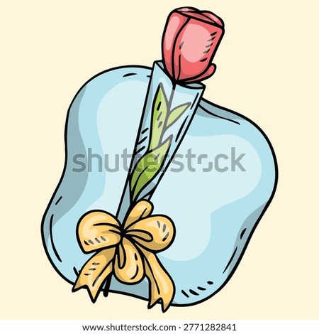 A cartoon illustration of a single red rose wrapped in light blue paper with a yellow ribbon, perfect for a gift or special occasion