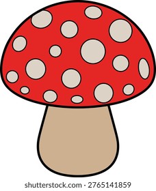 Cartoon illustration of a single red toadstool mushroom with white spots mushroom wildlife