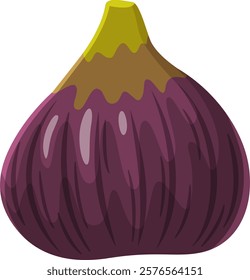 Cartoon illustration of a single ripe fig fruit with a green stem, isolated on a white background, showcasing its vibrant purple skin and unique texture