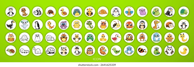 A cartoon illustration of six different animals, arranged in a grid pattern.  From left to right, top to bottom, there is a bee, a bear, a turtle, a lizard, a snail, a caterpillar and a penguin.  Each
