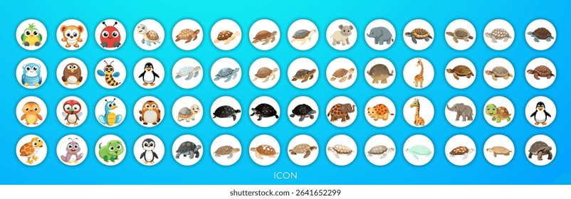 A cartoon illustration of six different animals, arranged in a grid pattern.  From left to right, top to bottom, there is a bee, a bear, a turtle, a lizard, a snail, a caterpillar and a penguin.  Each