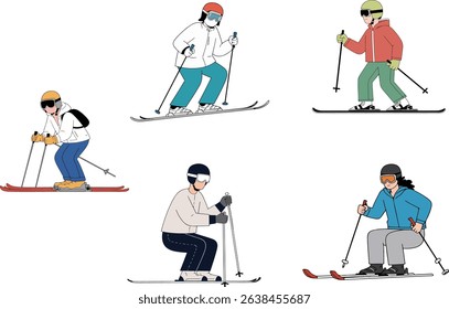 Cartoon illustration of six skiers in various poses and colorful outfits against a clean white background. Winter sports and outdoor activities.
