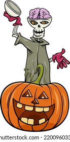 Cartoon illustration of skeleton character with Halloween pumpkin