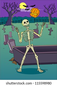 Cartoon illustration of a skeleton playing with pumpkin on graveyard
