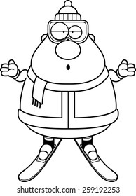 A cartoon illustration of a skiing man looking confused.