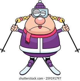 A cartoon illustration of a skiing woman looking sad.