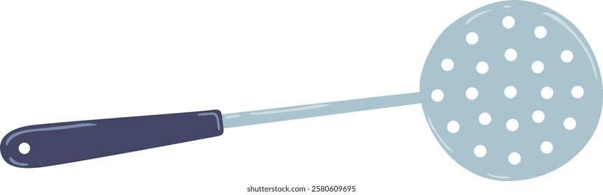 Cartoon illustration of a skimmer with a dark blue handle and a light blue perforated ladle, ideal for frying and serving food in the kitchen