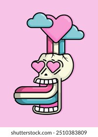 Cartoon Illustration of skull brainwashed by a rainbow coming out of a cloud of love. Can be used for birthdays, parties, Valentine Day, celebrations and printed on t-shirts, hoodies, tote bags