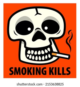 Cartoon Illustration Of Skull Smoking A Cigarette, With Smoking Kills Text, Best For Sticker, Decoration, And Ads With Dangers Of Smoking Themes