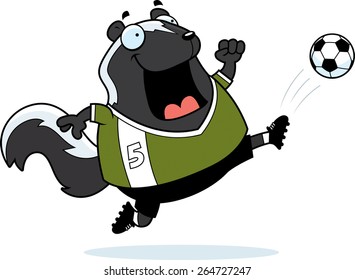 A cartoon illustration of a skunk kicking a soccer ball.