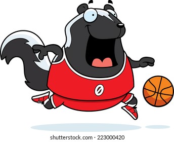 A cartoon illustration of a skunk playing basketball.