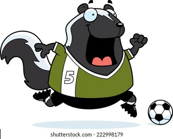 A cartoon illustration of a skunk playing soccer.