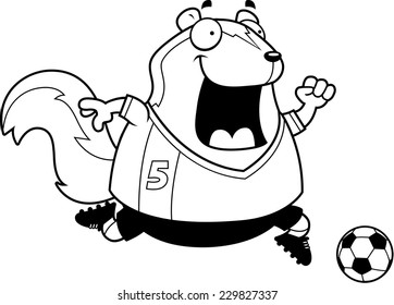 A cartoon illustration of a skunk playing soccer.