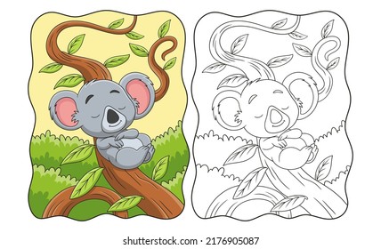 cartoon illustration sleeping koala leaning on a tree trunk in the middle of the forest during the day book or page for kids