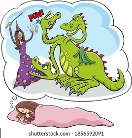 Cartoon illustration of sleeping young girl dreaming about defeating the dragon