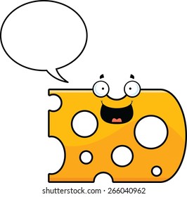 Cartoon illustration of a slice of cheese talking with a speech bubble. 