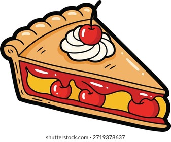 A cartoon illustration of a slice of cherry pie with a yellow filling, red cherries, and a swirl of white whipped cream topped with a red cherry.