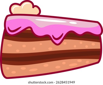A cartoon illustration of a slice of layer cake. The cake has pink icing and a dollop of frosting. The image is bright and colorful, ideal for use in children's books, websites, or other creative proj