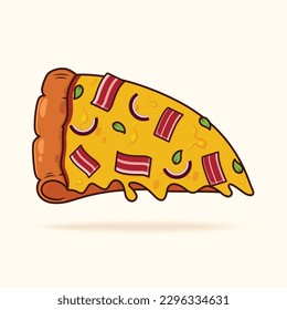 A cartoon illustration of a slice of pizza with bacon on it.