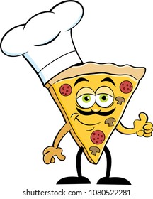Cartoon illustration of a slice of pizza wearing a chef hat.