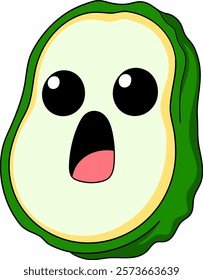 A cartoon illustration of a sliced green vegetable with big, expressive eyes and an open mouth showing a surprised expression.