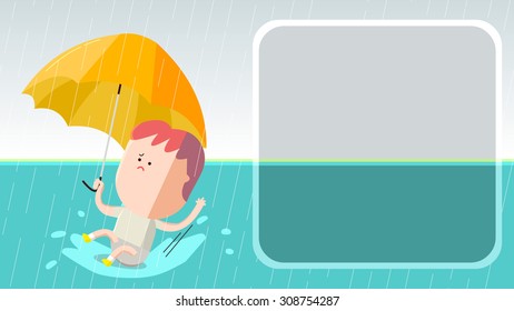 Cartoon illustration of slip and fall injury accident on raining day. A boy, kid, child, man character holding an umbrella. Water splashing from puddle, wet road. Transparent board for warning message