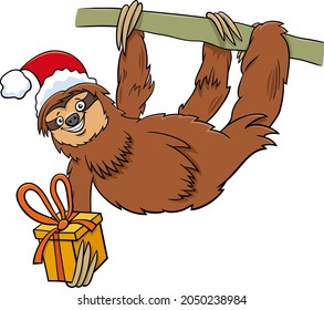 Cartoon illustration of sloth animal character with present on Christmas time
