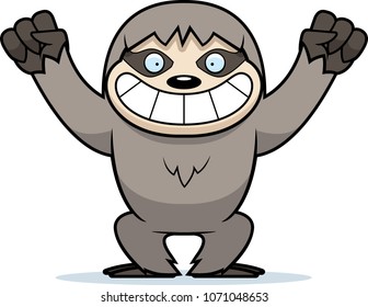 A cartoon illustration of a sloth celebrating success.