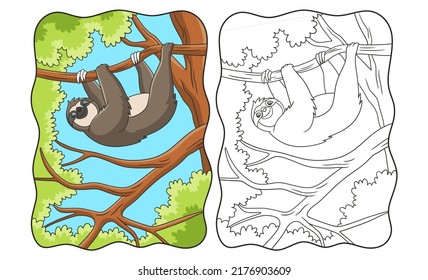 cartoon illustration a sloth is hanging on a tree casually to enjoy the hot sun in the morning book or page for kids