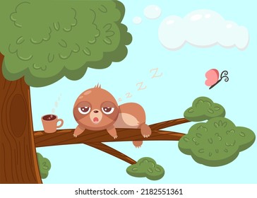 Cartoon illustration sloth on the tree with cup of coffee butterfly and clouds