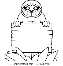 A cartoon illustration of a sloth with a wooden sign.