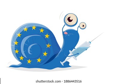 cartoon illustration of a slow snail in EU flag colors with vaccine