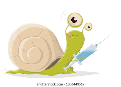 cartoon illustration of a slow snail with vaccine